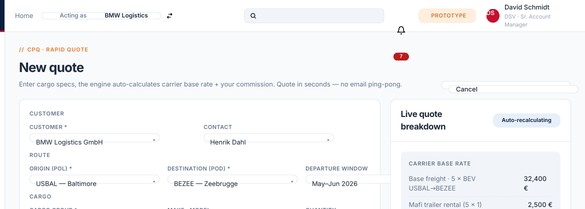 Cartagena CPQ: Configure-Price-Quote i D365 med kunde, rute og live prisberegning